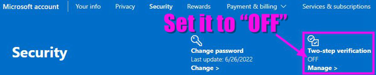 turn off the 2 step verification of an xbox account